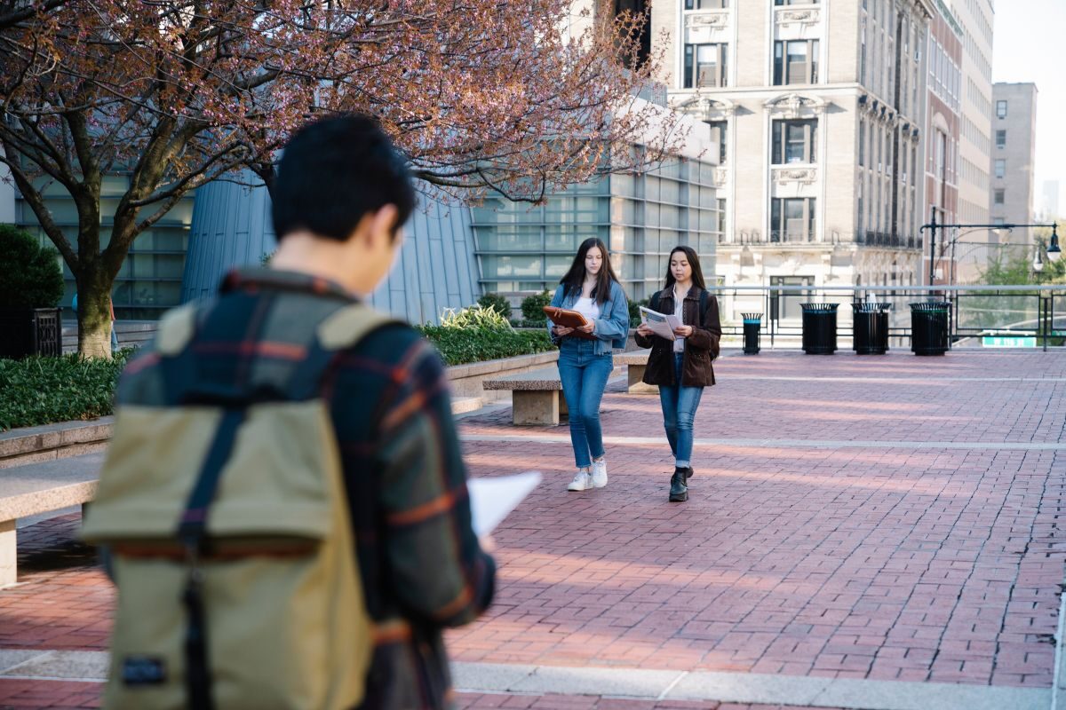 students walking around campus