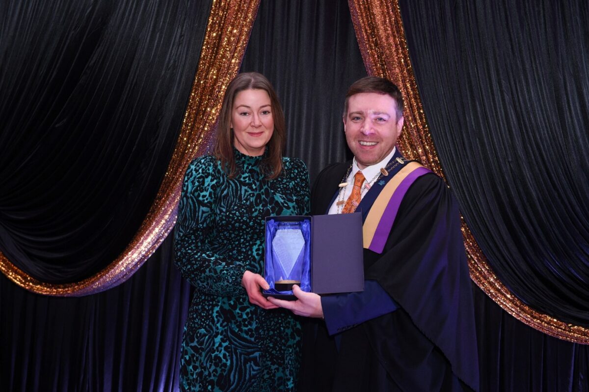 Photo caption  1 -  Ballygawley resident and South West College Higher Level Accounting Technician Apprentice, Joanne Hartes, outstanding Accounting Technicians Ireland (ATI) exam achievements were recognised at the 2023 ATI Conferring Ceremony in Belfast recently. Pictured is Michéal Meegan (Chair and President of ATI) from the Lyric in Belfast presenting Joanne Harte with her award.