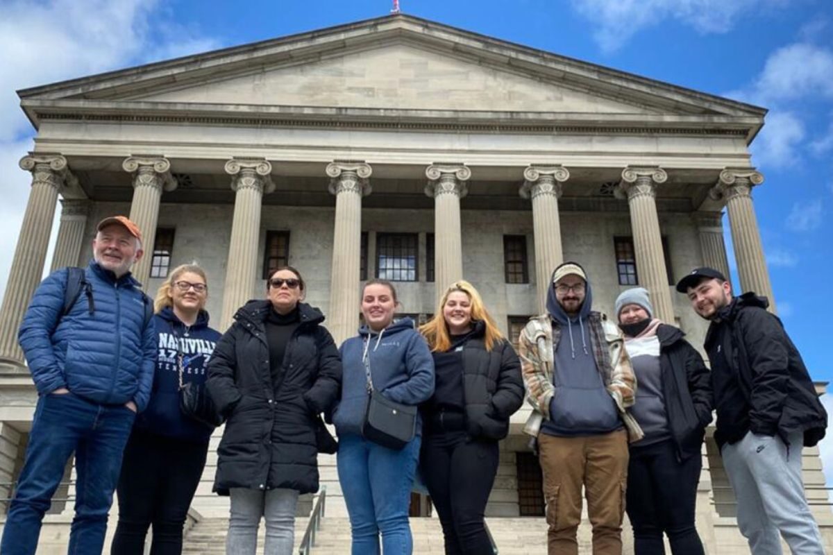 Paul Monaghan, SERC Patisserie and Confectionery Course Co-ordinator, with students (L – R) Aimee Roleston, Bronagh Beattie, Josie Chapman, Rachel Carson, Dylan Murphy, Sarah Termonia and Connor Addis on a cultural visit to the Tennessee State Capitol, seat of the government for the U.S. state of Tennessee in Nashville.