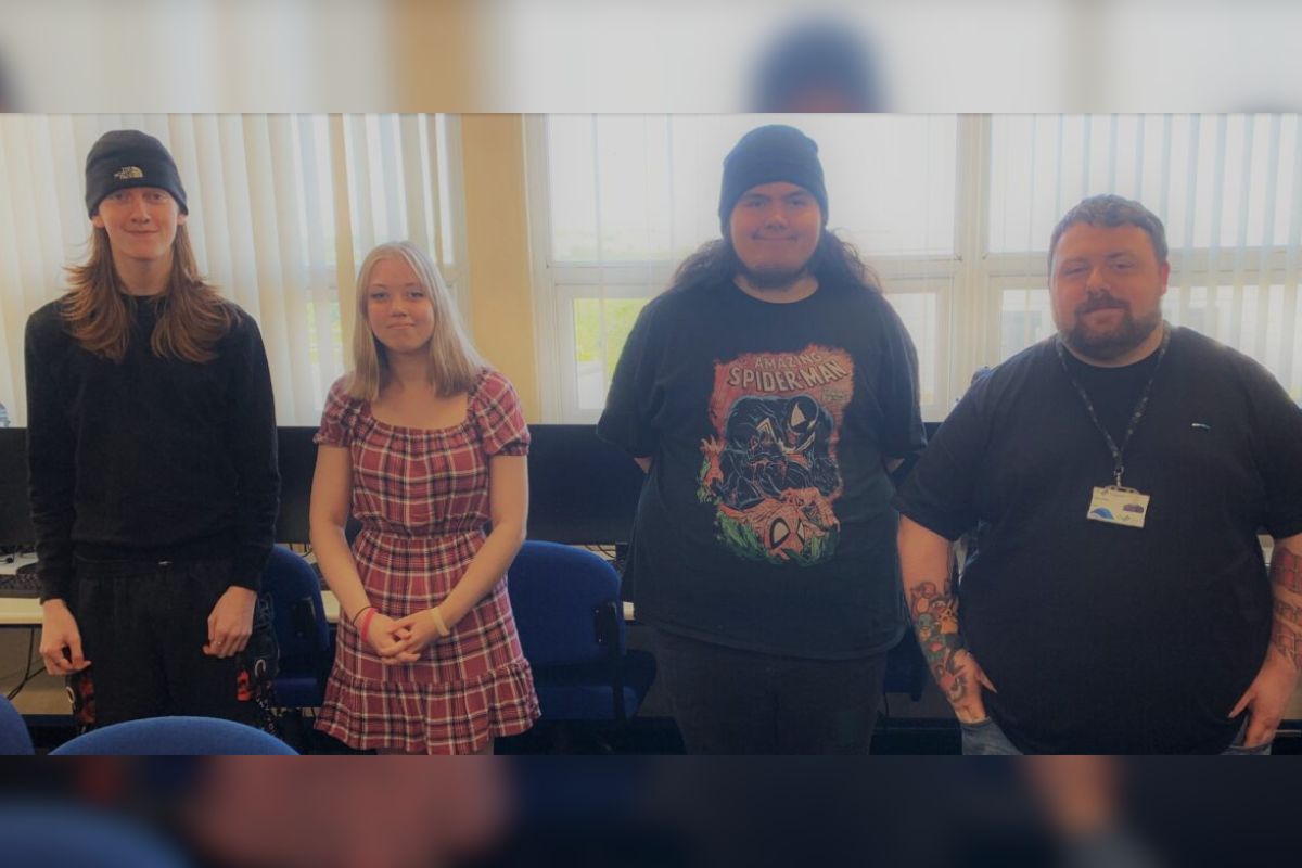 Left to right: Students Lucas Grew, Lili Bacciochi and Tom Barry with tutor Rob Griffiths