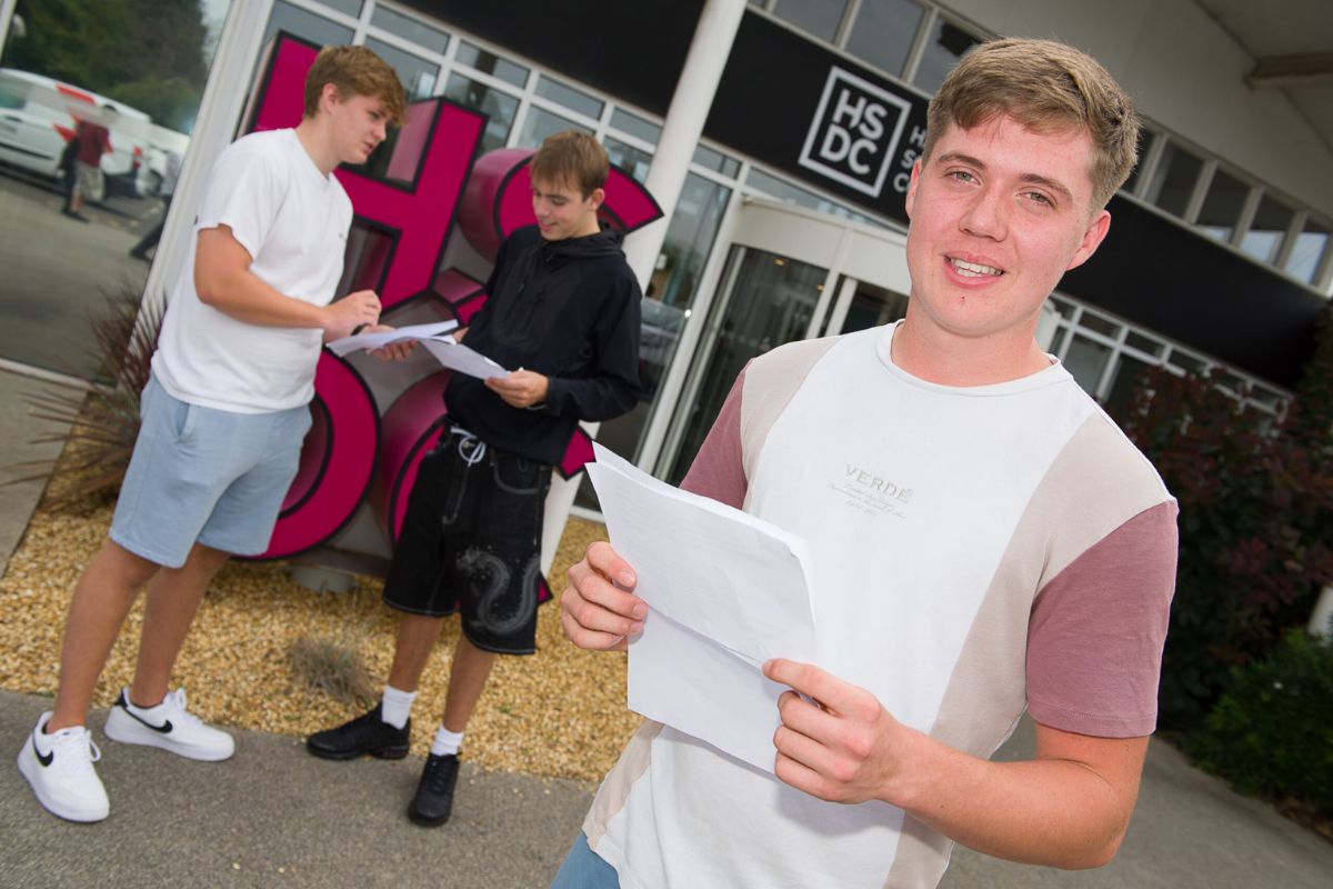 Students at HSDC Havant campus celebrate their A Level results - Adam Bolt, Dylan Collins, Callum Downie