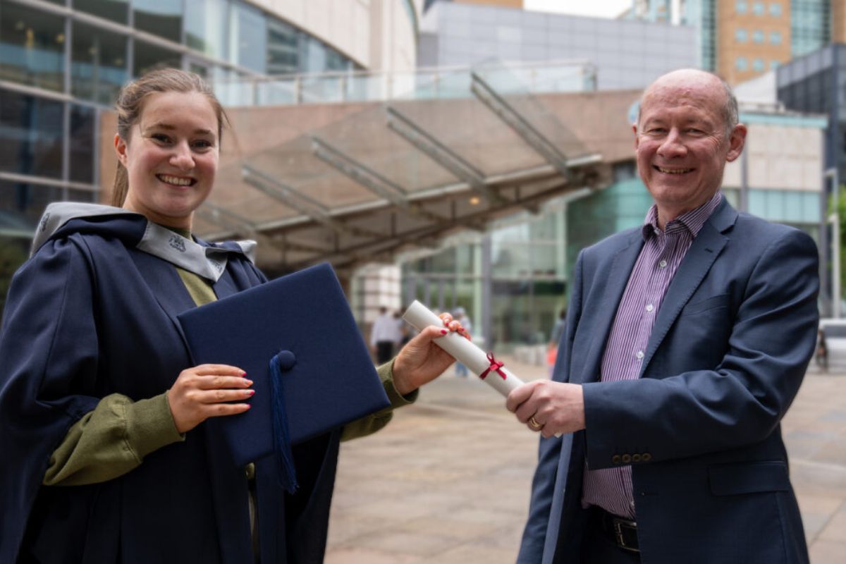 Zara Shaw, set to graduate with a BSc Business Management from Liverpool John Moores University delivered at SERC and who is an Export Controller with Mediterranean Shipping Company, and Kevin Shakespeare, IOE&IT.