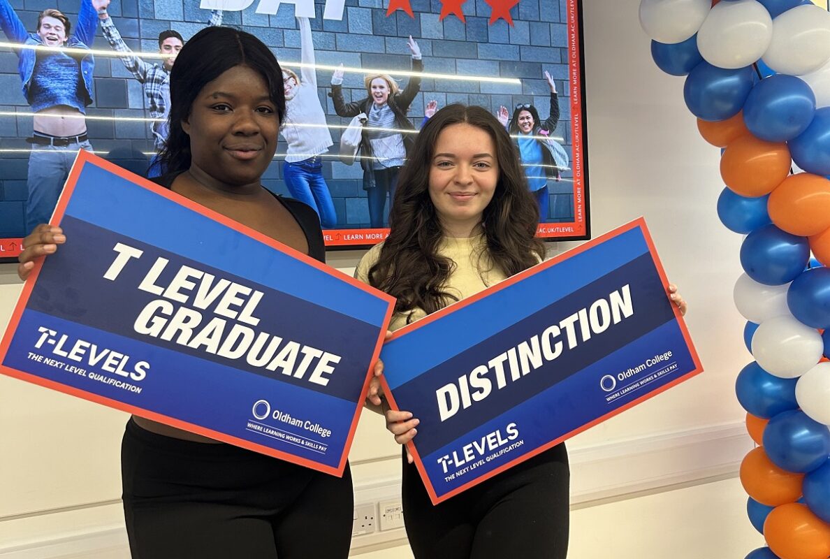 THE NEX-T LEVEL (L-R) | Oldham College students Sharon Balogun (Merit) and Molly Walsh (Distinction) celebrating their results in the Health – Supporting the Adult Nursing Team T Level.