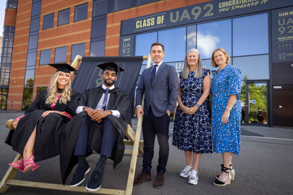 Two graduates from UA92 with Co Founder Gary Neville, Marnie Millard (Chair), Sara Prowse (CEO)