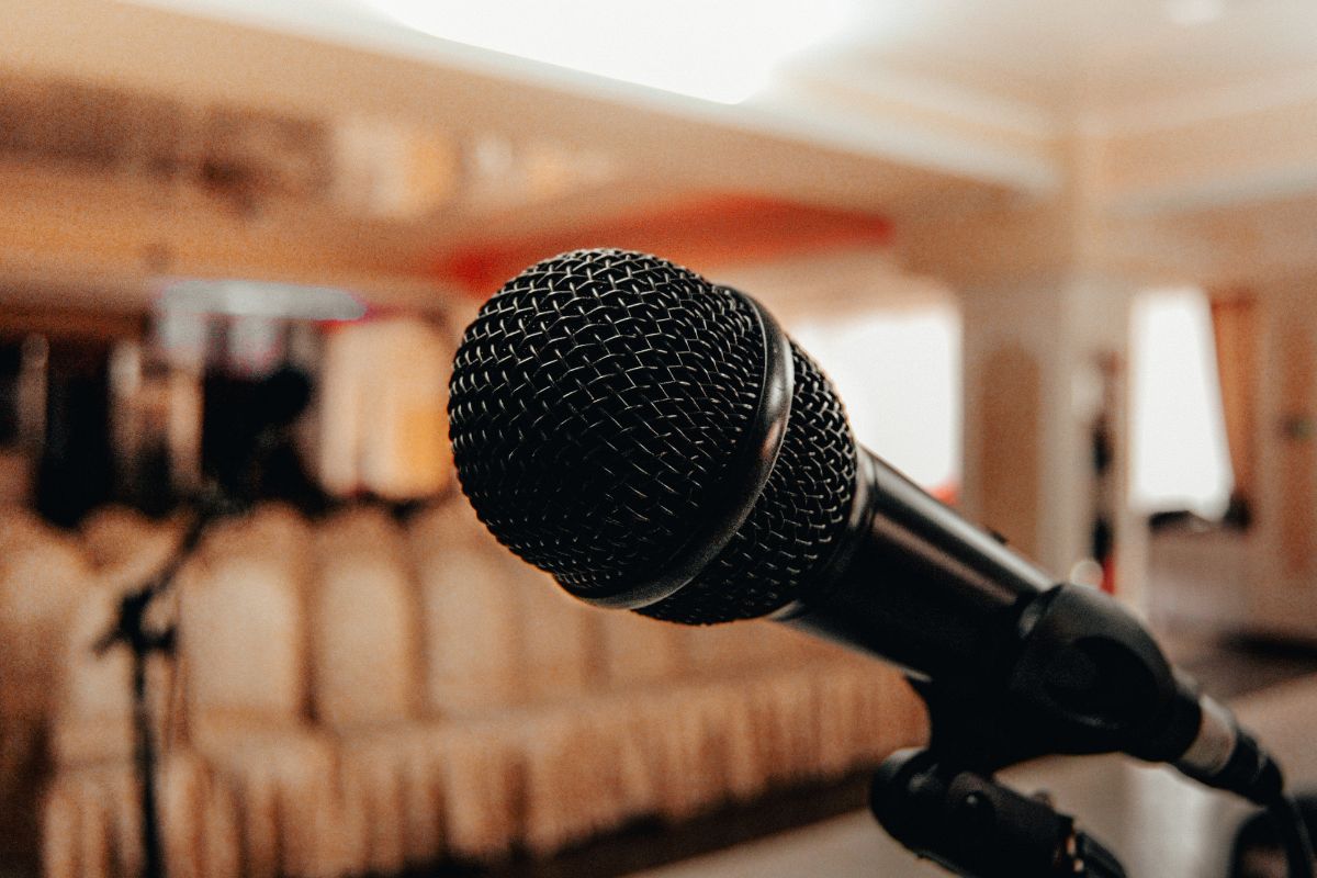 microphone and rows of seats in the background