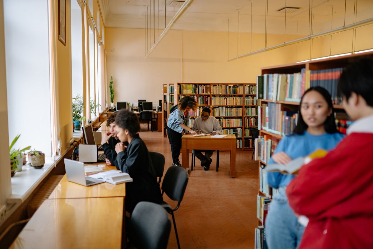 students in library