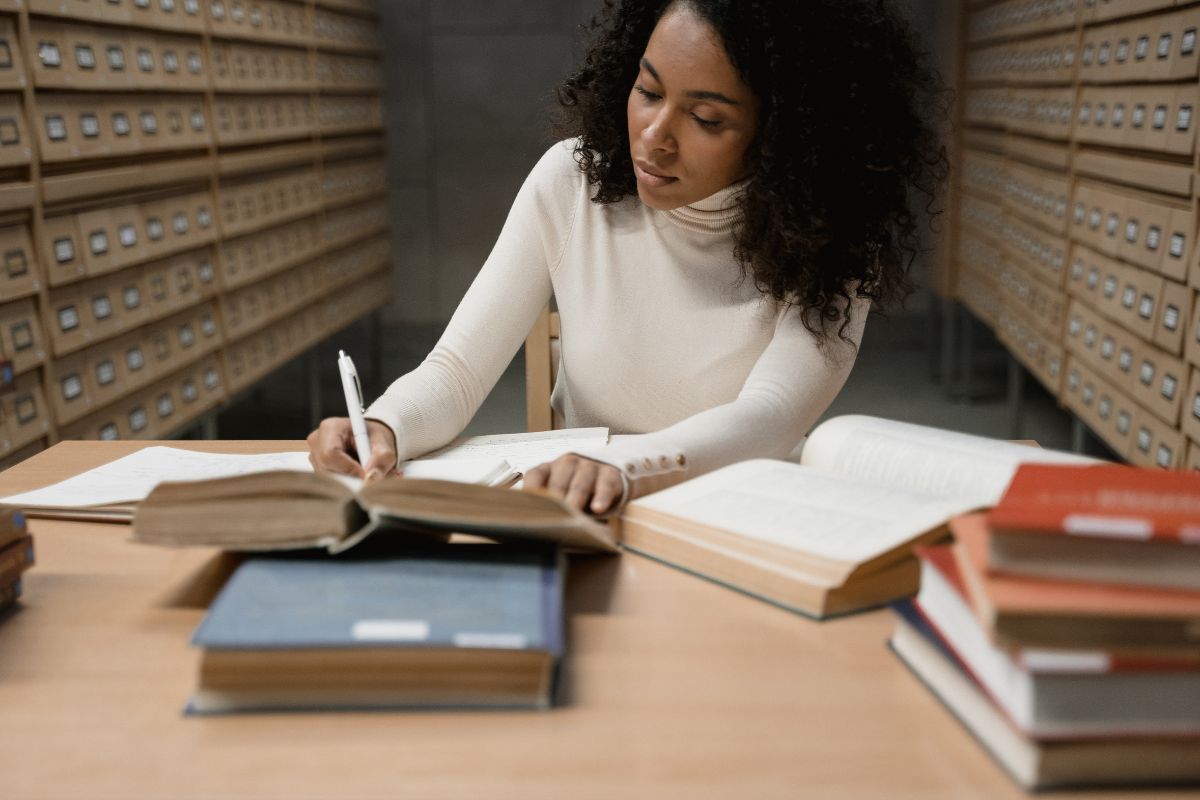 Woman studying in library