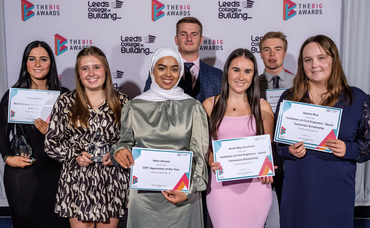 A group of seven Leeds College of Building students pose with their 2023 awards.