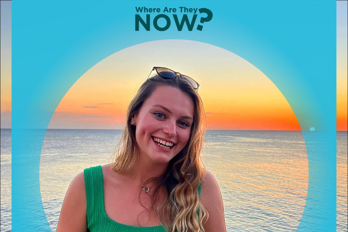 Rhiannon Simpson stood infront of a sunset with border around her that says Where Are They Now?