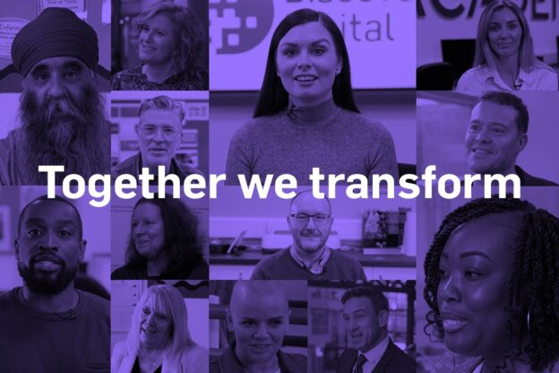 The phrase Together we Transform is written in white against a purple tinted background displaying multiple images of further education professionals.