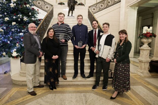 Students from South West College (SWC) were among thirty young people from Northern Ireland's Further Education Colleges recognised as the first recipients of a Northern Ireland Traineeship at a ceremony in Stormont. Pictured from left are Padraig McNamee (SWC), Louise Watson, (DfE), SWC students, Graeme Nixon and Robert Allen, Clement Athanasiou, (DfE), SWC student Laszlo Durgo and Celine Mc Cartan (Chief Executive and Principal, SWC)