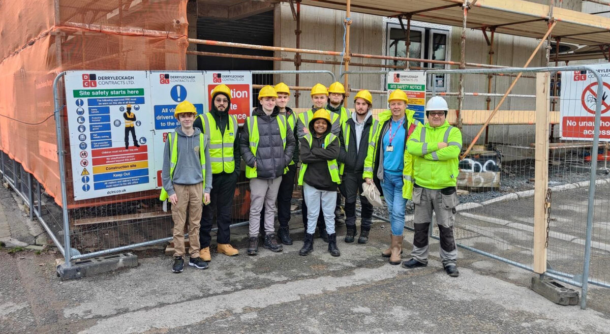 Construction Insight: Students from the Level 3 Construction and the Built Environment at SERC’s Bangor Campus who took time out of the class for a site visit to the new Savoy construction at Broadway, Bangor (L- R) Matthew Mearns, Abdul Thahrath, Jonathan Gibson, Kurtis Roberts, Adam Murray, Josh Wignall, Jayden Booth, Construction Lecturer, Simon Cummings and Tommy McQuillian,  Derryleckagh Contracts Site Foreman, with (front) Munashe Nonge.