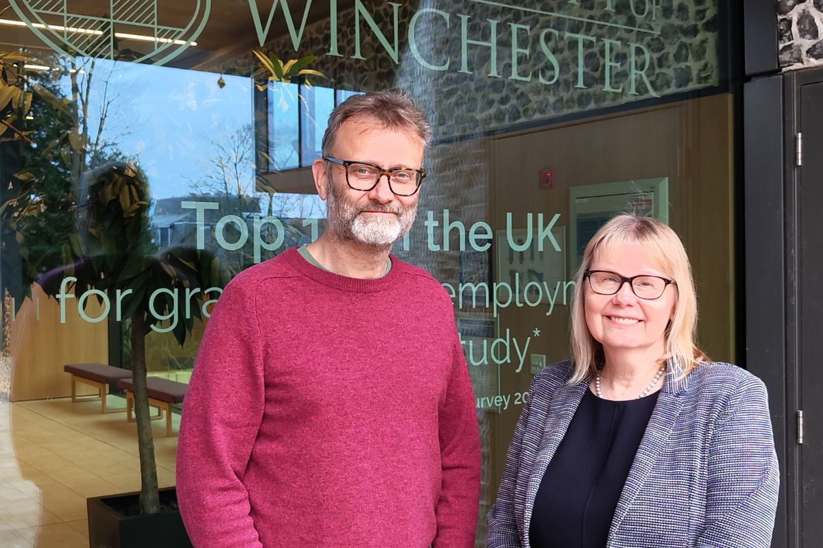 Hugh Dennis, the new Chancellor of the University of Winchester with the Vice Chancellor Professor Sarah Greer