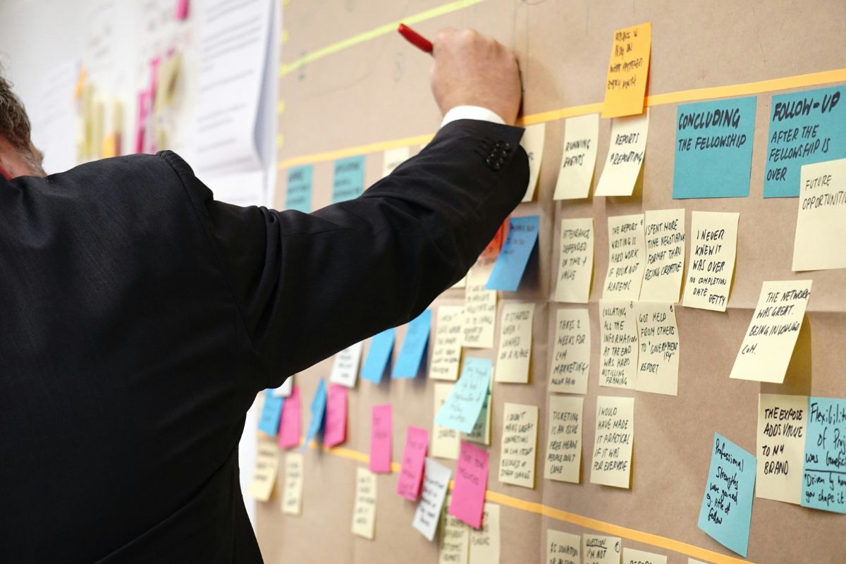 Guy pointing to board of post notes