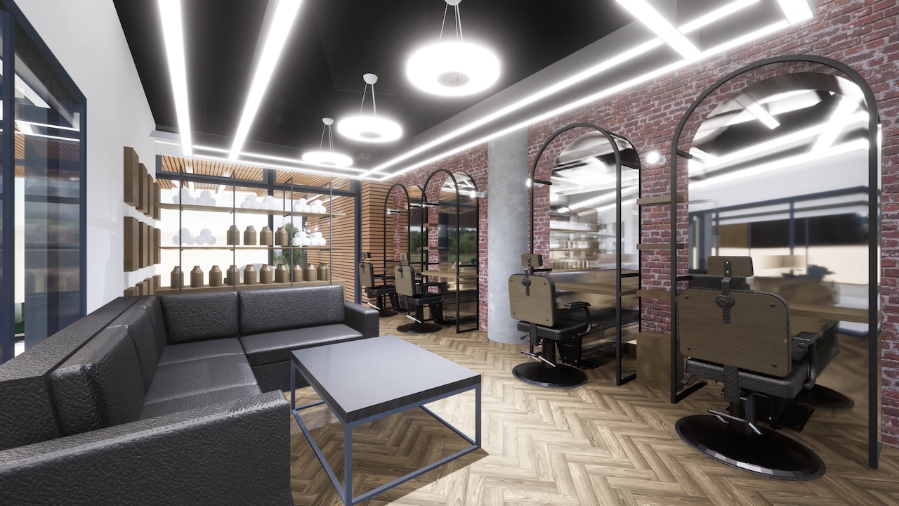Image of the planned commercial and training barbering salon at Bradford College to be completed later this year. Image shows a modern salon with empty barbering chairs in front of large mirrors.