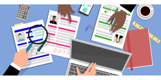 Vector illustration showing a computer, a phone and multiple CVs on screen, symbolising recruitment process.