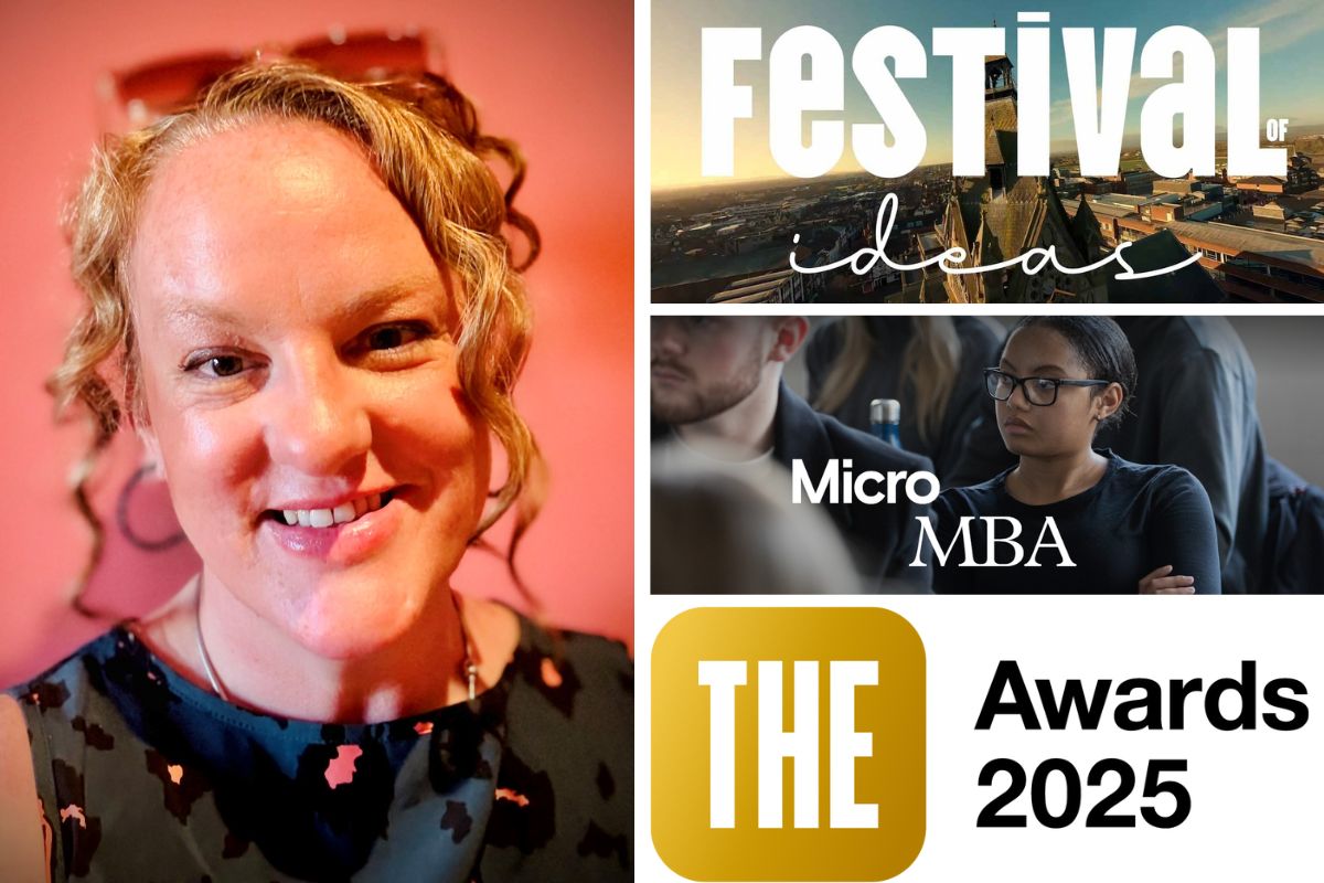 A collage of pictures; a profile photo of Kate Knight, smiling at the camera; a promotional image for the Festival of Ideas, an image which has the text Micro MBA on it, and the logo for the Times Higher Education Awards 2025.