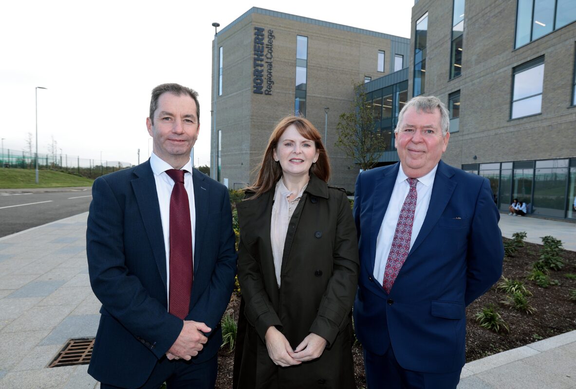 Northern Regional College Principal and Chief Executive Mel Higgins, Economy Minister Dr Caoimhe Archibald and Chair of Northern Regional College's Governing Body, Colm Mckenna