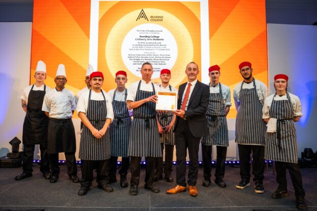 Group photo: Left to right, Nilanka Rosham, Executive Head Chef at the Hilton Reading and his team, Professional Culinary Arts students Jack Swift and Marley Hitchman, Paul Foley, Professional Cookery Teacher at Activate Learning, Barney Firth, Creative Director from Cream Design, Professional Culinary Arts students Archie Dennis, Paul Knight, Ehsan Mahmood and Gabe Fisher on stage at the Pride of Reading Awards.