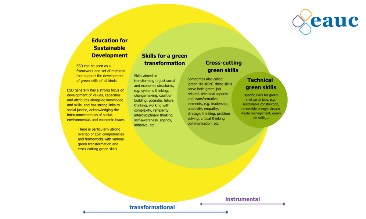A diagram showing how technical green skills exists within a broader framework of cross-cutting green sills, skills for a green transformation and education for sustainable development.