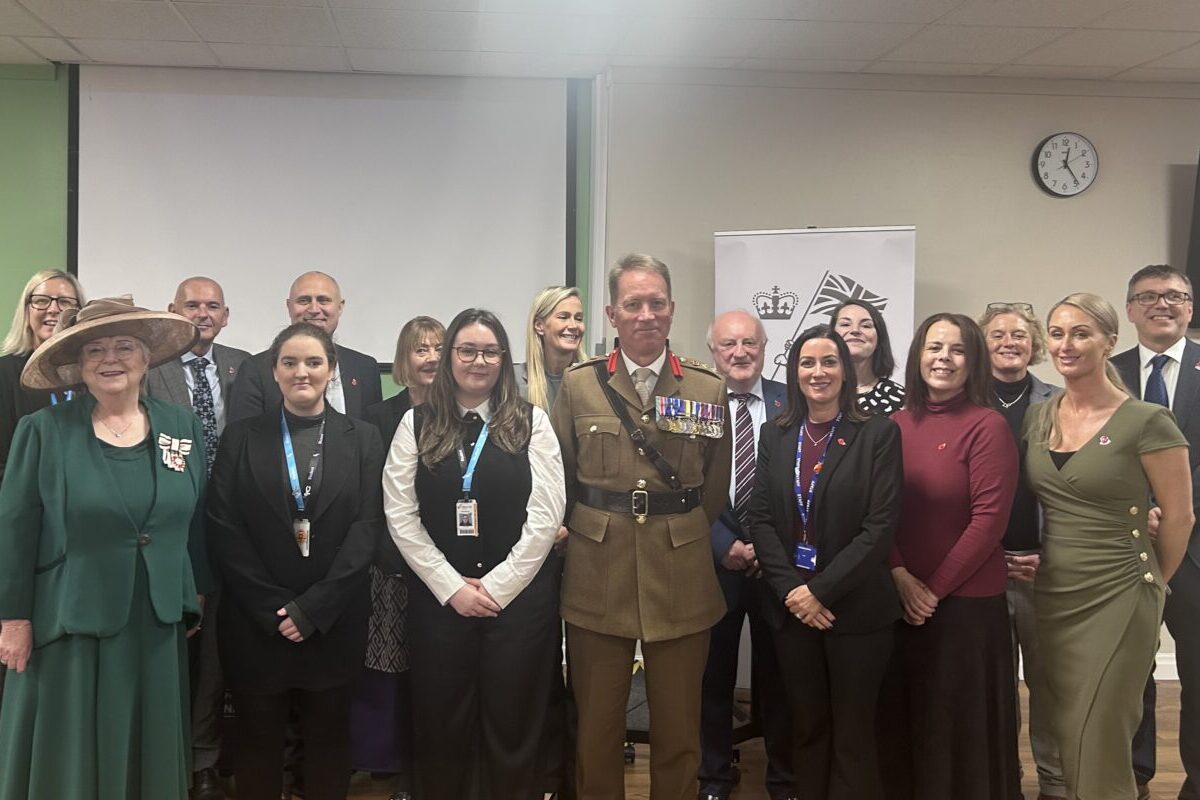 Principals of the nine Greater Manchester Colleges with students and Vice Lord-Lieutenant Sharman Birtles MBE JP DL and Colonel Peter Stitt, Commander HQ North
