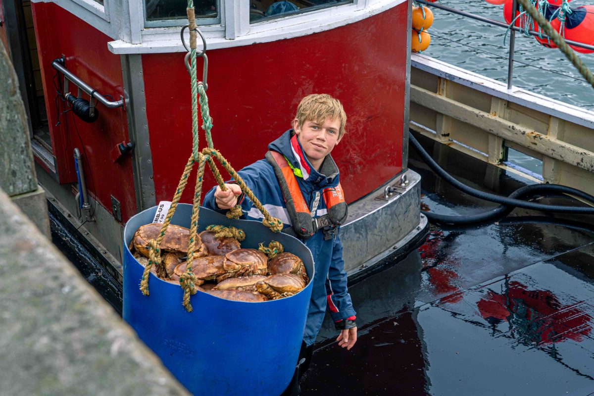 Young male fisher apprentice on board a boat at Brixham