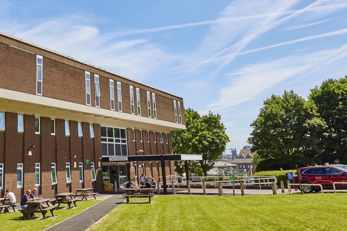An image taken on a sunny day of the front entrance of the Leeds College of Building North Street site.