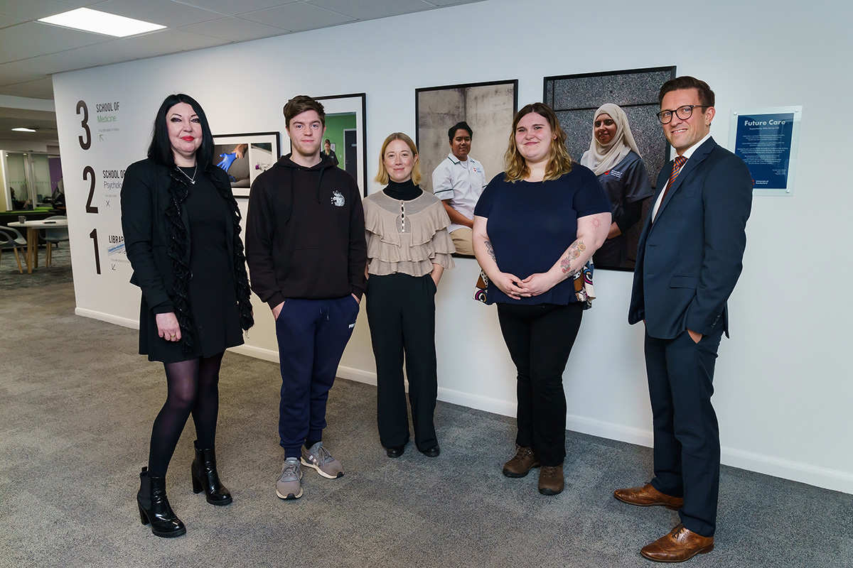 Future Care Competition winners Ryan Stobart-Brown and Scarlett Kehoe attend the event at the University of Sunderland’s Murray Health pictured with mentor Johanna Churchill, Lecturer in Contemporary Photography (center) along with Professor Helen Driscoll, Pro Vice-Chancellor (Learning and Teaching), Professor of Global Education and Dr Ben Middleton, Pro Vice-Chancellor of the Faculty of Education, Society and Creative Industries Picture: DAVID WOOD