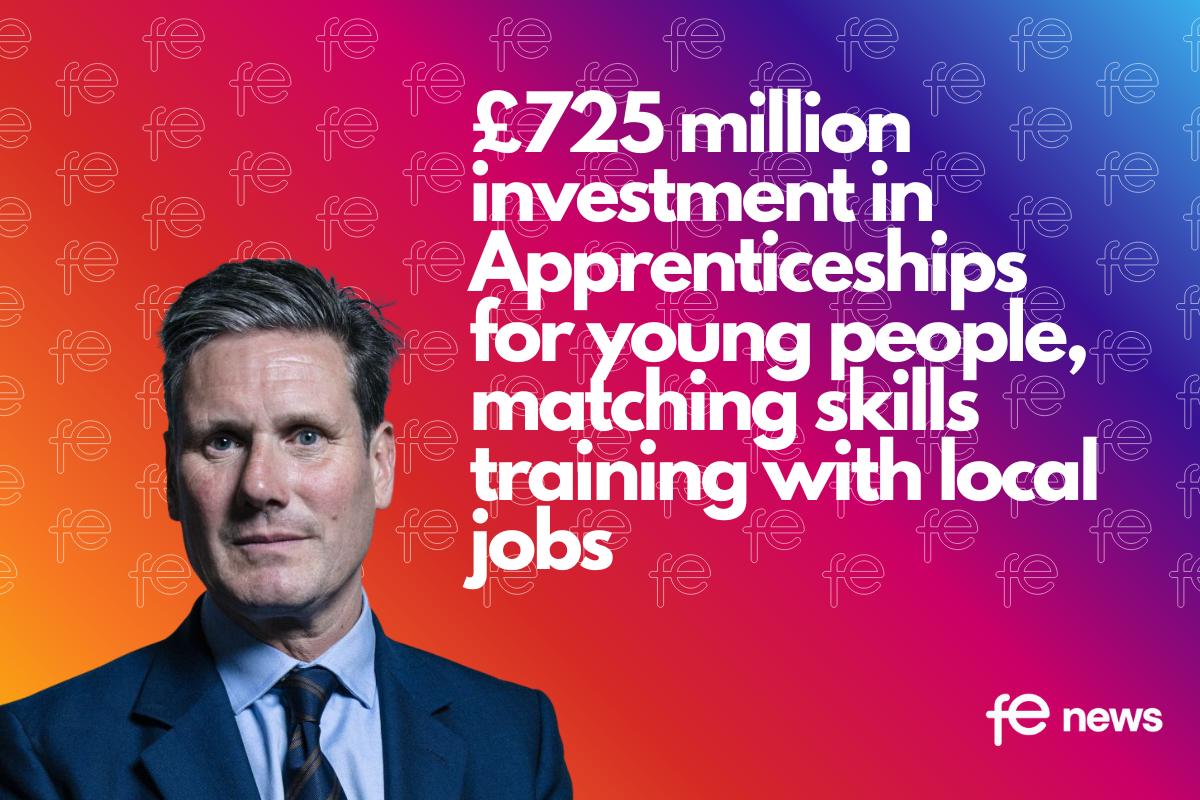 Keir Starmer with text: £725 million investment in Apprenticeships for young people, matching skills training with local jobs