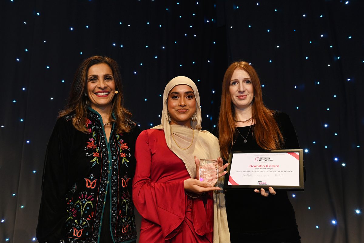 Young Student of the Year Samiha Kalam is presented with her award by ITV’s Sameena Ali-Khan and Edge Foundation’s Education and Policy Senior Researcher, Kat Emms