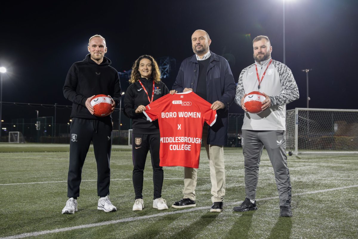 Image: (L-R) Joe Lillie, interim head coach of Middlesbrough FC Women; Sammie Leigh, director of Middlesbrough College Sport Academy; Ben Fisher, general manager of Middlesbrough FC Women; Dan Wilson, coach of Middlesbrough College Women’s Football Academy.
