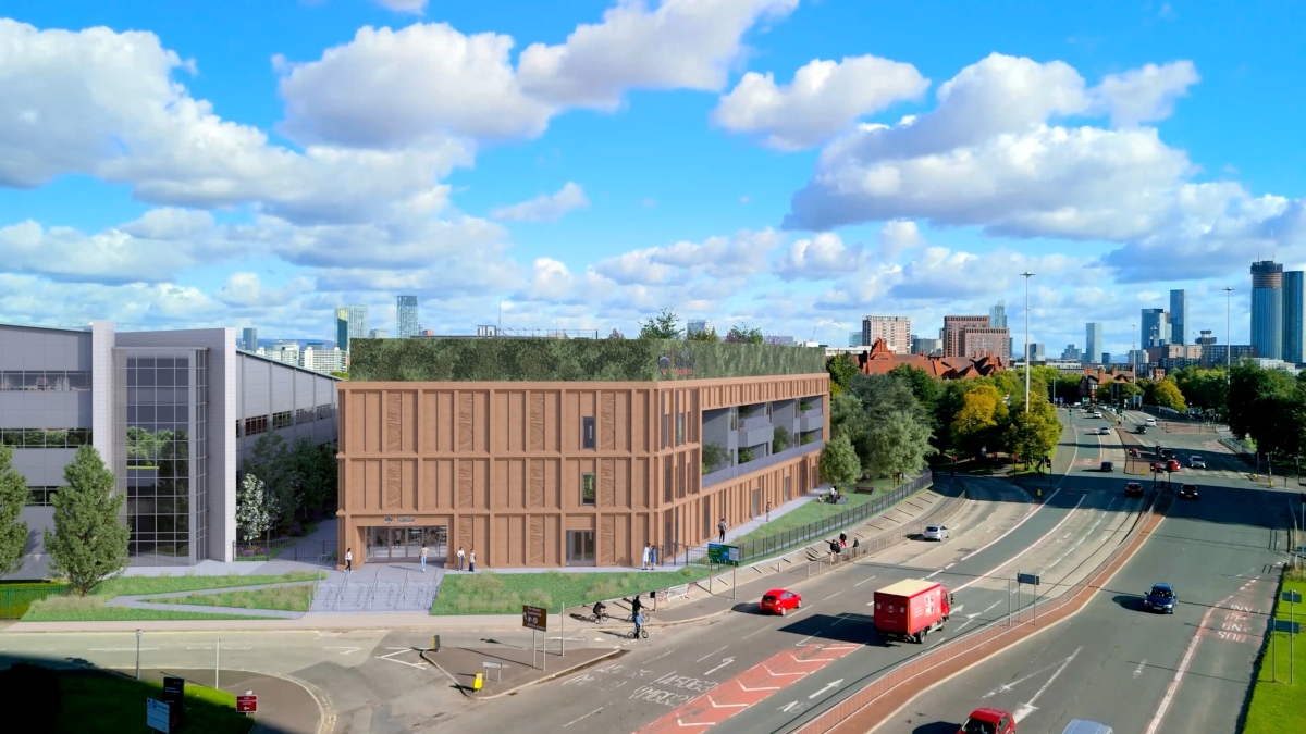 An artist's impression of a large building on the A6 Salford with Manchester in the background