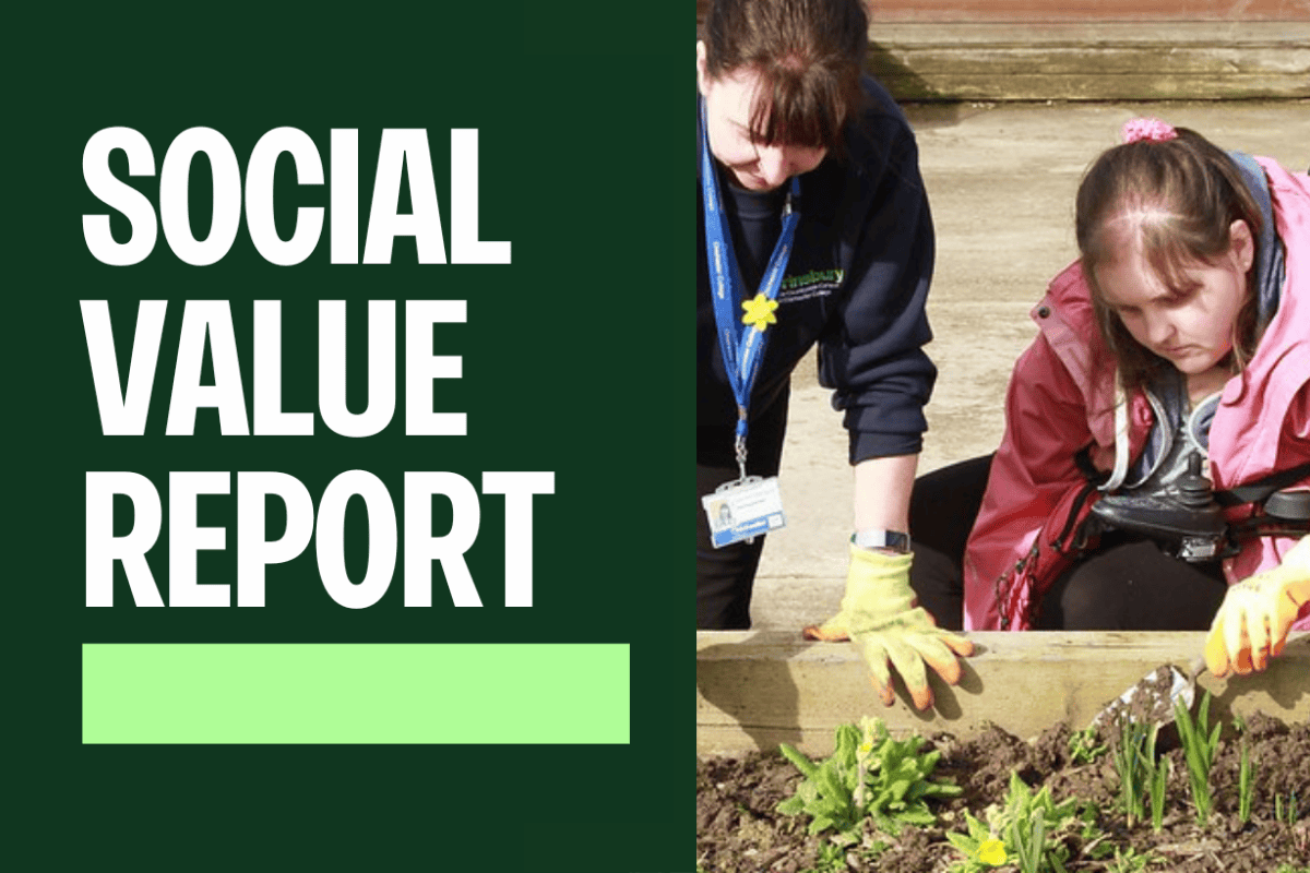 Social value report appears in text beside an image of an educator planting with a learner.