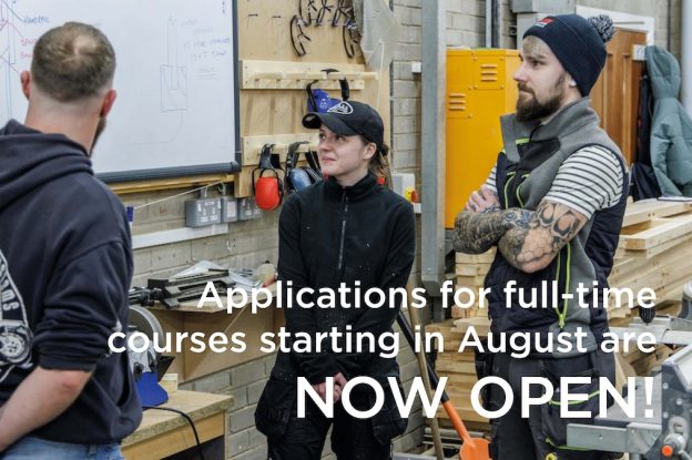 Graphic showing two students and a lecturer in a woodworking workshop