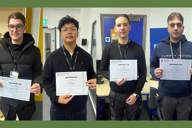 Four students from NCC Rainham’s Construction and Engineering Campus were praised by the London Fire Brigade for their quick thinking and bravery after they rushed to help a member of the public who had suffered burns in an attack outside the college gates.