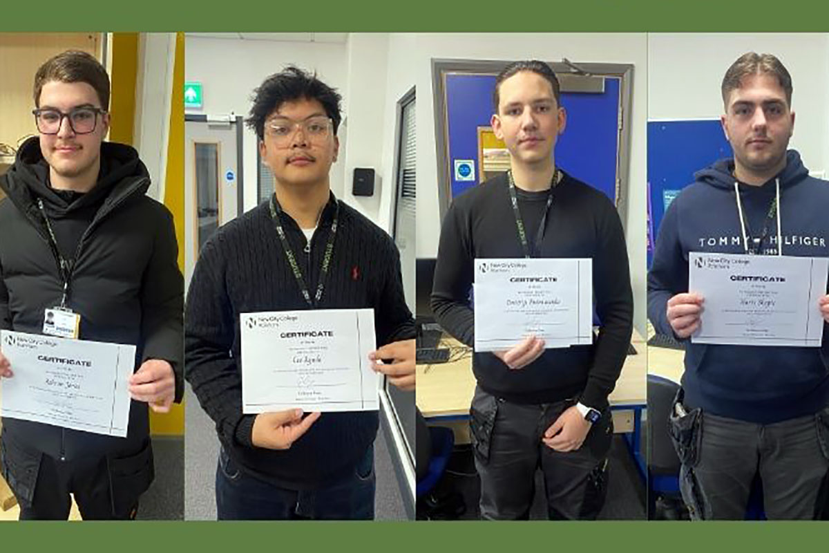 Four students from NCC Rainham’s Construction and Engineering Campus were praised by the London Fire Brigade for their quick thinking and bravery after they rushed to help a member of the public who had suffered burns in an attack outside the college gates.