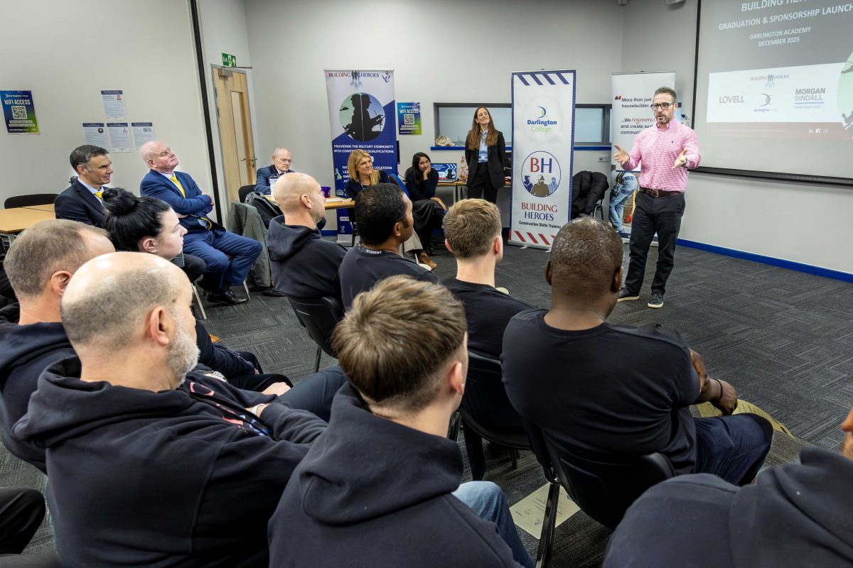 Building Heroes CEO Chris Charles congratulates Darlington learners on their graduation while outlining the impact of the new Academy sponsorship by Lovell and Morgan Sindall Construction.
