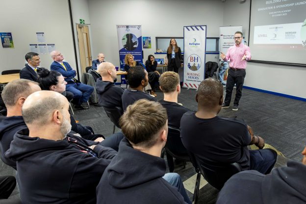 Building Heroes CEO Chris Charles congratulates Darlington learners on their graduation while outlining the impact of the new Academy sponsorship by Lovell and Morgan Sindall Construction.