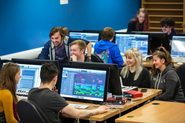 Students working on computers.