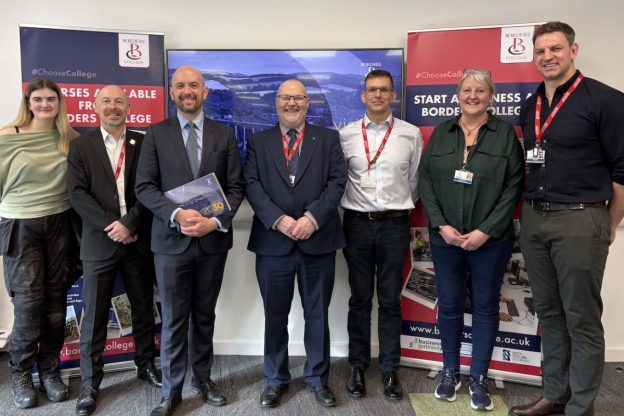 Photograph of Borders College staff and students standing with Minister Ben Macpherson