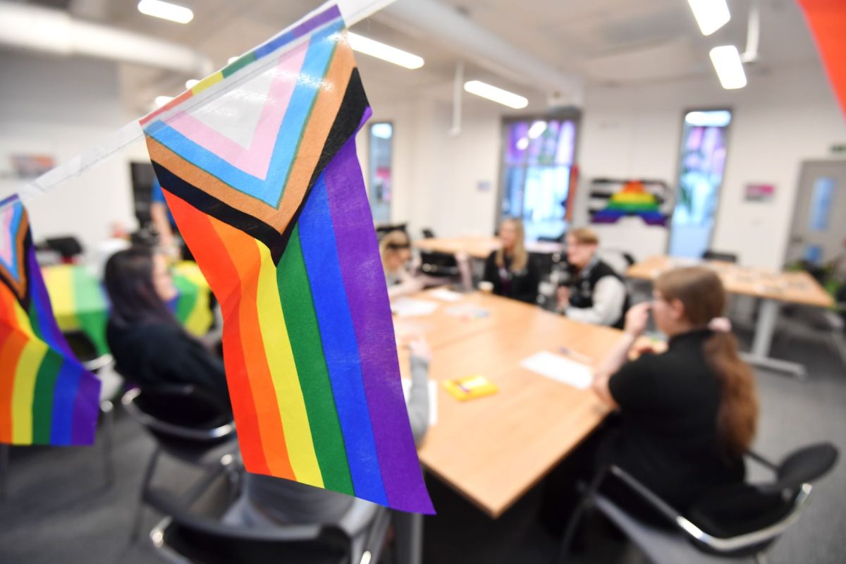 LGBTQ flag in a class of college students