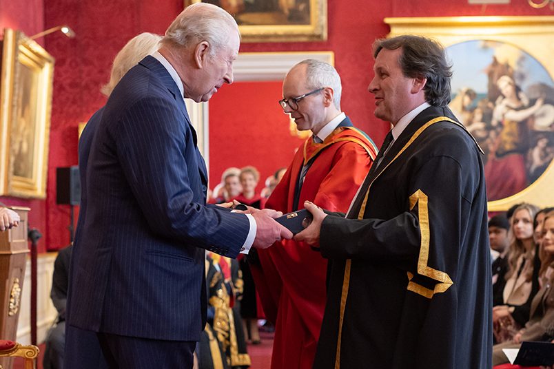 Chief Executive and Principal of NWRC Leo Murphy, and NWRC Business Support Centre Manager Dr Fergal Tuffy receive the Queen Elizabeth Prize for Education from King Charles and Queen Camilla.