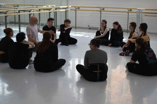Students with Marc Curtis who had the same teacher as Sacha Baron Cohen giving a clown masterclass to Suffolk New College students