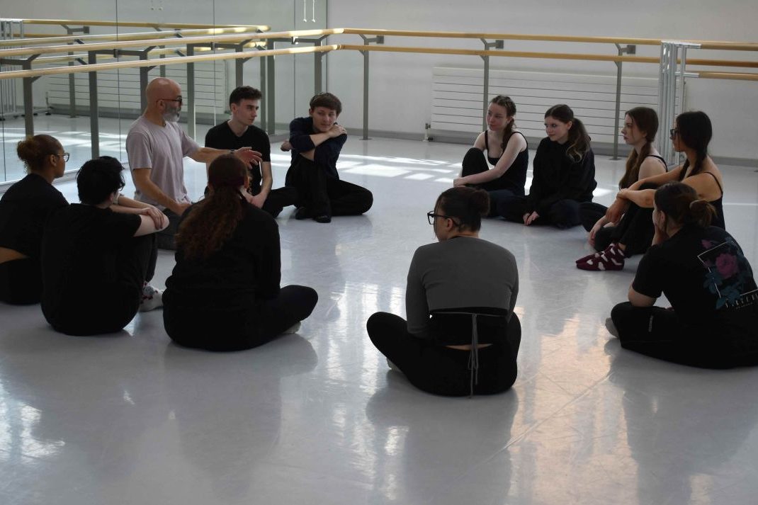 Students with Marc Curtis who had the same teacher as Sacha Baron Cohen giving a clown masterclass to Suffolk New College students
