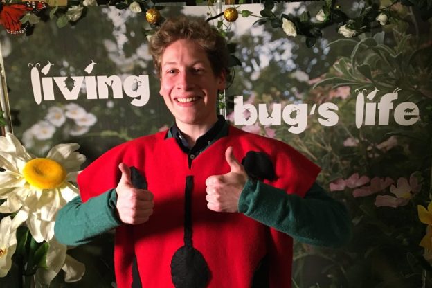 a man is dressed as a ladybird as he promotes his song called two spot ladybird