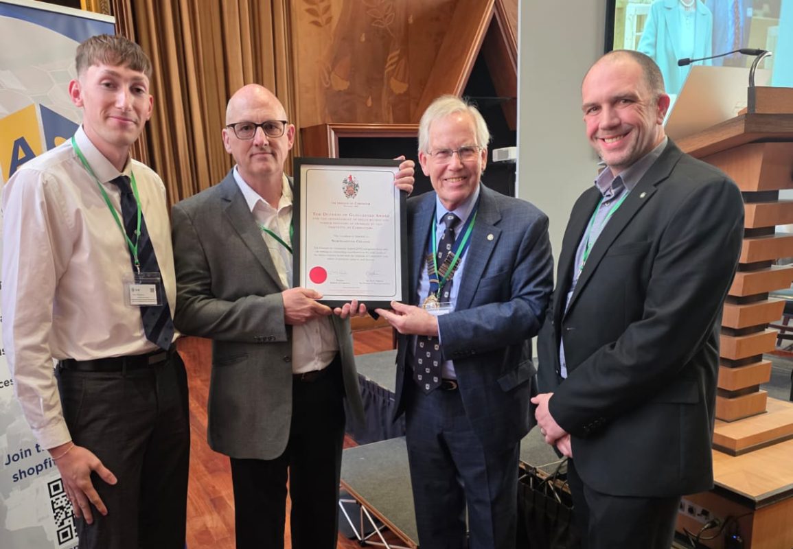 Pictured (L-R): Tom Stanton and Tim Chisholm of Northampton College with IOC President Geoff Rhodes and Northampton College Curriculum Manager for Construction Mark Bradshaw