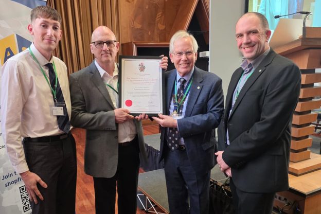 Pictured (L-R): Tom Stanton and Tim Chisholm of Northampton College with IOC President Geoff Rhodes and Northampton College Curriculum Manager for Construction Mark Bradshaw