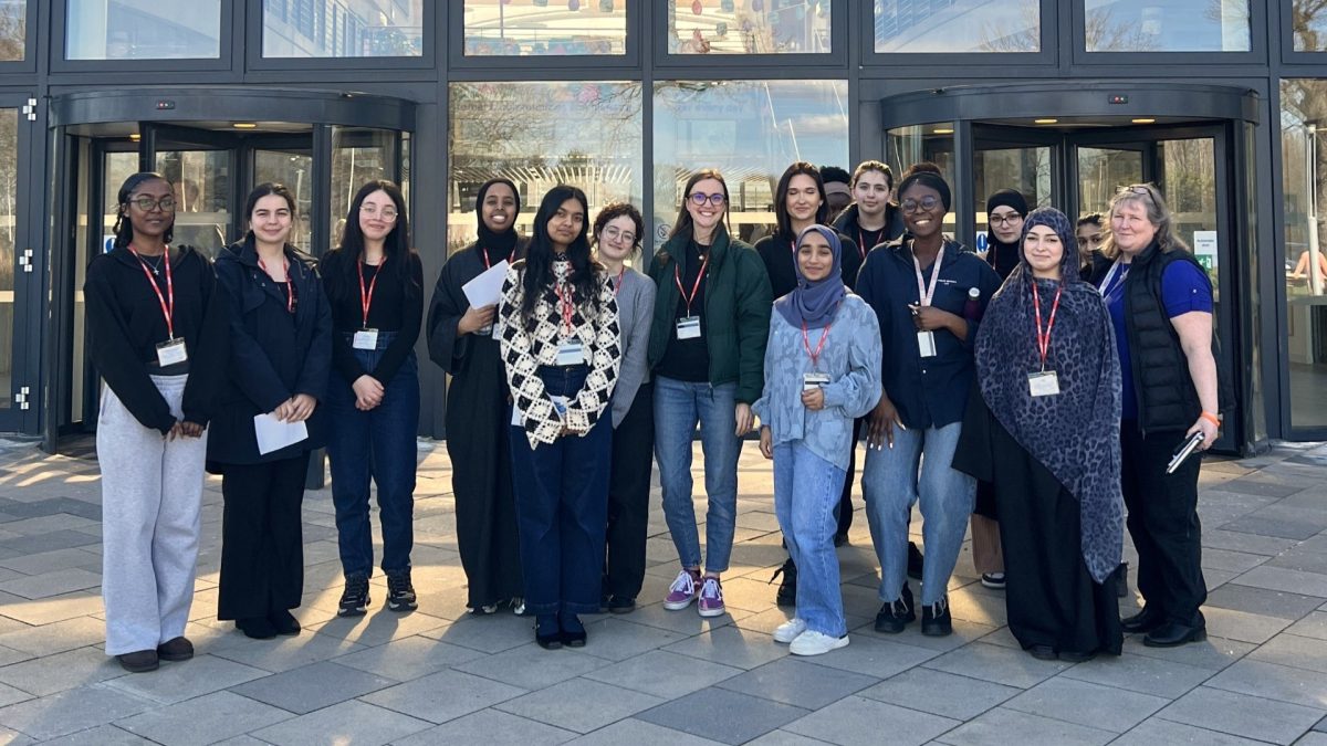 Students inspired at Tesco HQ (students outside building) FE