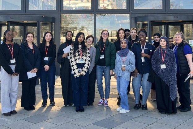 Students inspired at Tesco HQ (students outside building) FE