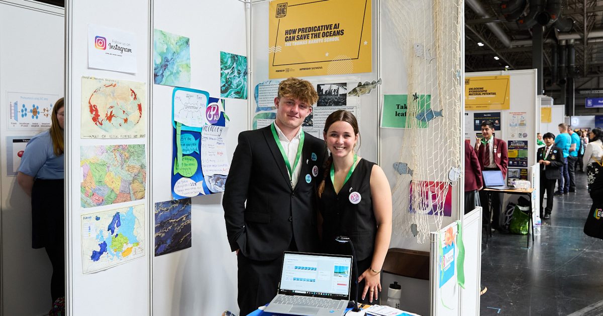 Sophie Cradock and Harry Hannam, students from The Thomas Hardye School won the Senior technology award 2025, supported by Siemens, for their project titled 'How Predicative AI can save the oceans'.